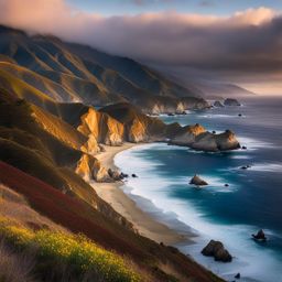 big sur coastline - craft a night scene of the rugged big sur coastline, where dramatic cliffs meet the pacific ocean, and the sound of crashing waves fills the air. 