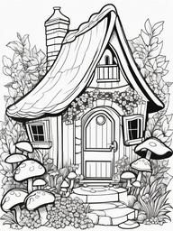 House Coloring Pages - Fairy house nestled among flowers and mushrooms  simple coloring pages