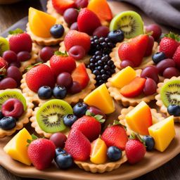 a platter of mini fruit tarts, each with a buttery crust and a vibrant assortment of fresh fruits. 