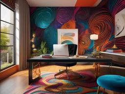 The home office exemplifies psychedelic interior design, featuring a desk with swirling patterns, vibrant wall art, and colorful accents that inspire creativity and productivity in a stimulating environment.  