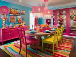 Candy Land dining room showcases a whimsical table set with brightly colored chairs, playful tableware, and candy-themed centerpieces, making every meal feel like a celebration.  