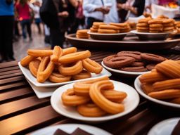 churros with hot chocolate, spanish fried dough pastries, indulged at a lively fiesta in seville. 