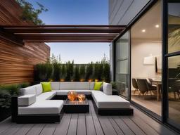 The outdoor patio embraces urban modern interior design with contemporary furniture, vibrant planters, and clean lines that create a stylish space for relaxation and socializing.  