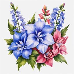 Larkspur tattoo, Tattoos featuring the colorful and charming larkspur flower. colors, tattoo patterns, clean white background