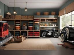 The garage features vintage interior design with organized storage solutions, charming decor, and a functional layout that makes the space both practical and visually appealing.  