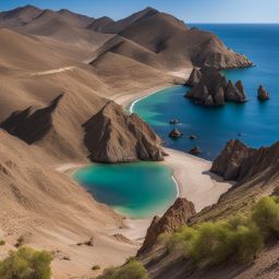 enigmatic cabo de gata - create an artwork inspired by the enigmatic landscapes of cabo de gata-níjar natural park, with volcanic cliffs and hidden beaches. 