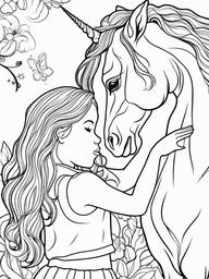 Unicorn Coloring Pages - Unicorn sharing a moment with a young girl  simple coloring pages