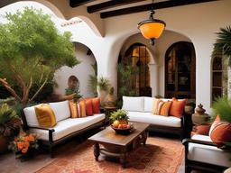 Spanish Revival patio incorporates warm colors, rustic furniture, and decorative accents for a vibrant and inviting atmosphere in outdoor settings.  