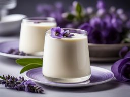individual serving of silky lavender panna cotta, garnished with fresh lavender blossoms. 