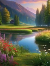 Aesthetic Landscape Wallpaper Tranquil Meadow Scenes by the Riverside wallpaper splash art, vibrant colors, intricate patterns