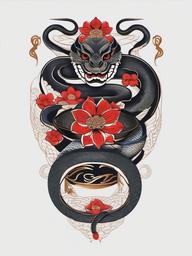 japanese snake and mask tattoo  simple color tattoo,white background,minimal