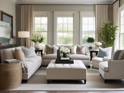 Transitional living room combines classic and contemporary elements with a neutral palette, soft furnishings, and a mix of decorative accents for a balanced look.  