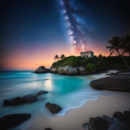 tulum, mexico - create a dreamy beach scene at tulum, with ancient mayan ruins by the sea under a starry sky. 