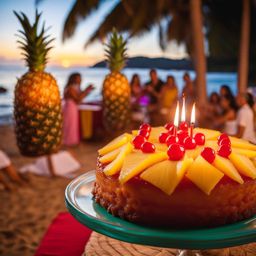 pineapple upside-down cake served at a beachfront luau with hula dancers. 