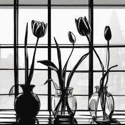 drawing of tulips by a window  minimal rough sketch scribbles,doodles,black and white