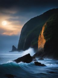 tojinbo cliffs - paint the dramatic tojinbo cliffs along the sea of japan, where the crashing waves and eerie night ambiance create a hauntingly beautiful scene. 