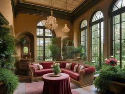 The garden room showcases Italian Renaissance interior design with classical architecture, rich greenery, and elegant furnishings that bring a sense of timeless beauty to indoor gardening.  