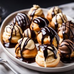 a platter of dainty profiteroles, filled with a light and airy cream and drizzled with chocolate sauce. 