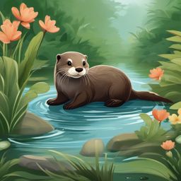 Cute Otter in a Tranquil Stream  clipart, simple