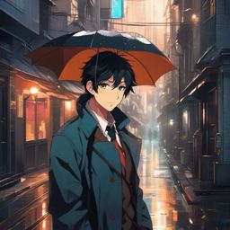Clever anime detective in a rainy city alley.  front facing ,centered portrait shot, cute anime color style, pfp, full face visible
