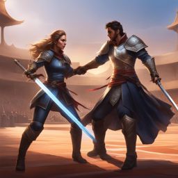 thalia brightblade, a human fighter, is dueling a master swordsman in a grand tournament arena. 