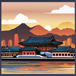 Seoul clipart - Gyeongbokgung Palace and Seoul skyline,  color vector clipart