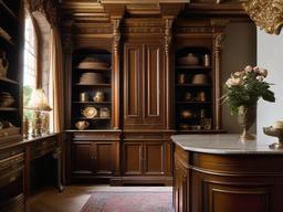 The storage room showcases Italian Renaissance interior design with organized shelving, rich textures, and ornate accents that maximize efficiency while maintaining a beautiful aesthetic.  