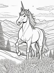 Unicorn Coloring Pages - Unicorn standing on a hill with a scenic view  simple coloring pages