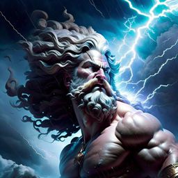 zeus, the king of the gods, hurling thunderbolts amidst a tempestuous storm. 