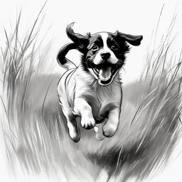 drawing of a playful puppy running in a field  minimal rough sketch scribbles,doodles,black and white