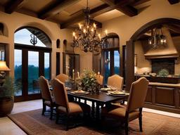 Tuscan-style dining room with wrought iron chandeliers and warm earth tones.  