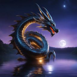 cyber dragon reflecting its metallic brilliance in a moonlit lake. 