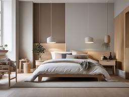 Scandinavian bedroom blends light wood furniture, cozy textiles, and a neutral color palette, providing a warm and inviting atmosphere for restful sleep.  