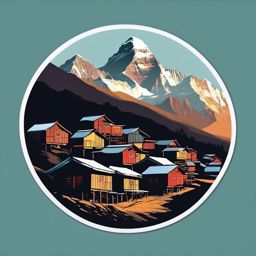 Everest Sherpa Village sticker- Picturesque Sherpa village with views of Mount Everest, , sticker vector art, minimalist design