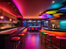 In the bar room, psychedelic interior design includes colorful bar stools, playful wall decor, and creative lighting that create an inviting environment for socializing and celebration.  