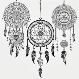 Mandala Dream Catcher Tattoo - Tattoo combining a dream catcher with mandala motifs.  simple vector tattoo,minimalist,white background