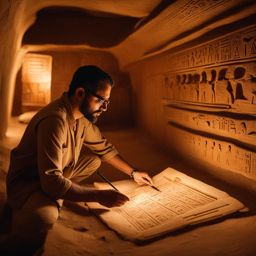 adventurous archaeologist deciphering hieroglyphics in an ancient egyptian tomb. 
