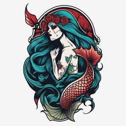 Zombie Mermaid Tattoo - Explore darker themes with a tattoo featuring a zombified or undead mermaid.  simple vector color tattoo,minimal,white background