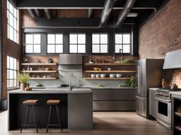 industrial loft kitchen with exposed brick walls and concrete countertops. 