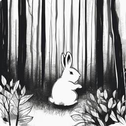 drawing of a bunny in a forest  minimal rough sketch scribbles,doodles,black and white