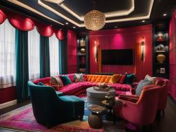 A media room designed with maximalist interior design features bold colors, dynamic seating, and eclectic decor that enhance the cinematic experience in a lively setting.  