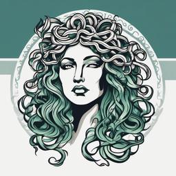 Medusa Bust Tattoo - Showcase the head and shoulders of Medusa with a bust tattoo, capturing her intense gaze and mythical charm.  simple vector color tattoo,minimal,white background