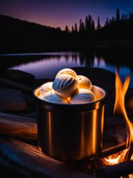 toasted marshmallow ice cream shared around a campfire on a starlit camping trip. 