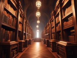 labyrinthine arcane library filled with animated books and shifting corridors. 