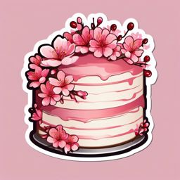 Cake with Cherry Blossoms Sticker - Cake adorned with delicate cherry blossoms, ,vector color sticker art,minimal