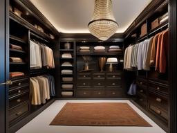 In the walk-in closet, Egyptian Revival interior design includes ornate storage systems, rich colors, and decorative accents that create a stylish and organized dressing space.  