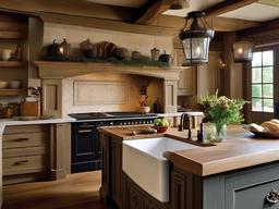 French Country kitchen features rustic cabinetry, patterned fabrics, and a large farmhouse sink, creating a charming and functional cooking space.  