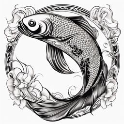 Koi Black and White Tattoo,a black and white koi fish tattoo, celebrating the elegance and strength of this aquatic creature. , color tattoo design, white clean background