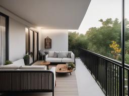 The balcony showcases Bauhaus interior design with modern outdoor furniture, simple decor, and a serene ambiance that creates a perfect space for relaxation and enjoyment.  