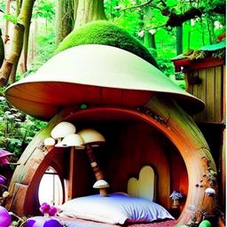 fairy tale forest bedroom hidden within a giant mushroom with whimsical furnishings. 